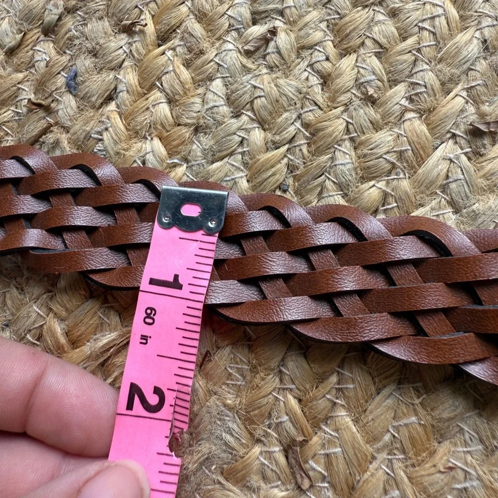 Two Tone Braided Woven Belt Brown Black Faux Leather Round Buckle Boho 37 Inch